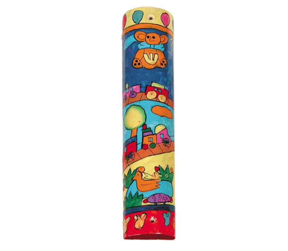 Large Hand Painted Wood Mezuzah Case, Childrens Design - Yair Emanuel