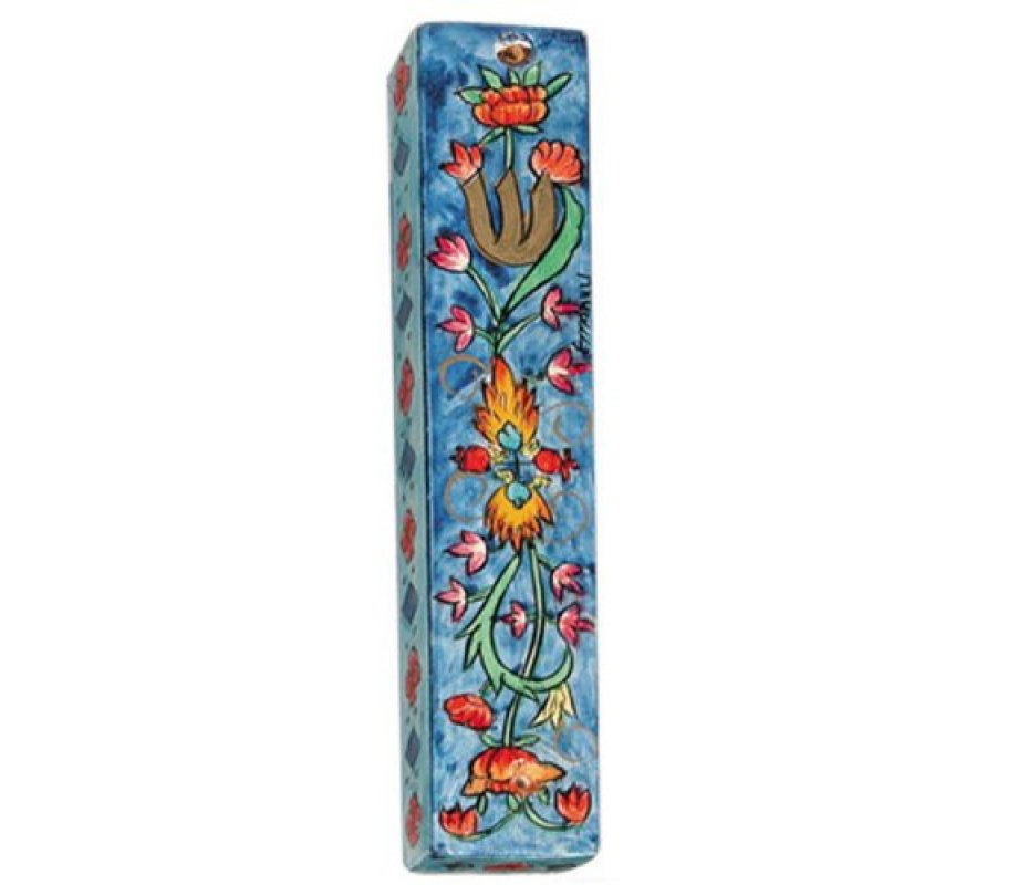 Large Hand Painted Wood Mezuzah Case, Flower Design on Blue - Yair Emanuel
