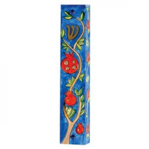 Large Hand Painted Wood Mezuzah Case, Pomegranate Branch - Yair Emanuel