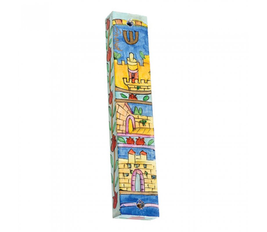 Large Hand Painted Wood Mezuzah, Jerusalem Gate - Yair Emanuel