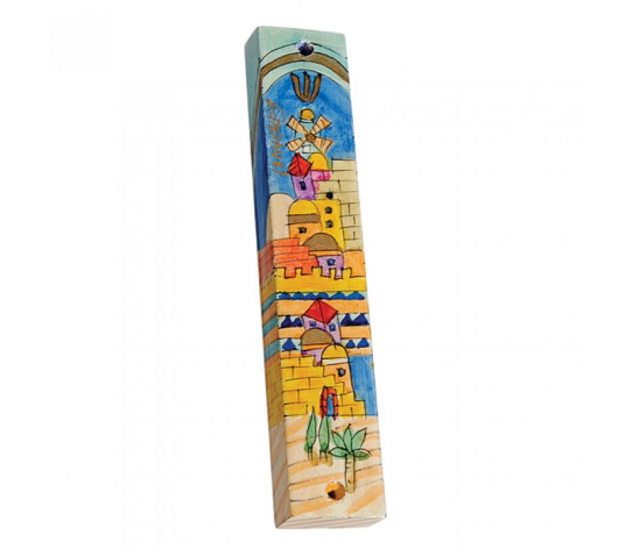 Large Hand Painted Wood Mezuzah, Jerusalem of Gold - Yair Emanuel