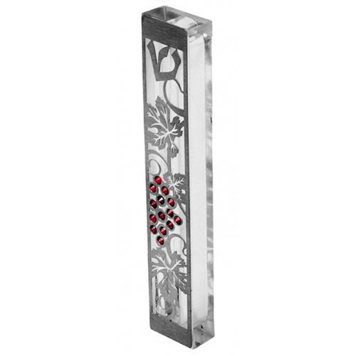 Large Lucite Mezuzah Case, Grape Vine with Red Crystals - Dorit Judaica