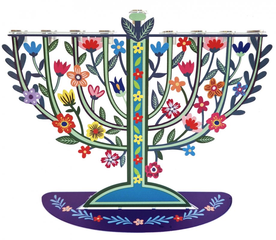 Laser Cut Chanukah Menorah with Colorful Flowers and Leaves - Dorit Judaica