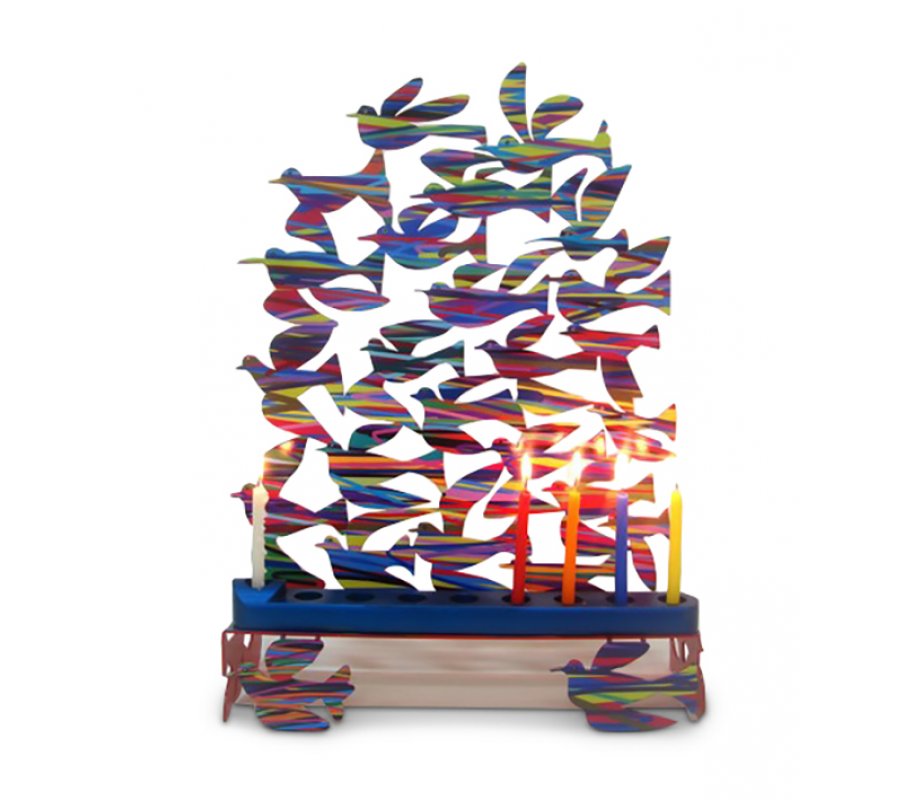 Laser Cut Metal Colorful Hanukkah Menorah, Birds in Flight - David Gerstein