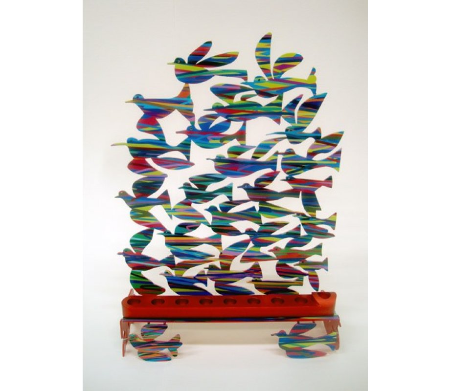 Laser Cut Metal Colorful Hanukkah Menorah, Birds in Flight - David Gerstein