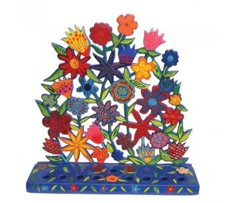 Laser Cut Metal Hanukkah Menorah, Floral Display - Yair Emanuel