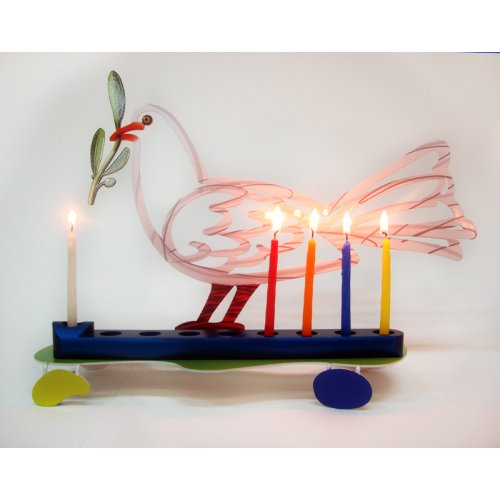 Laser Cut Metal White and Blue Hanukkah Menorah, Peace Dove - David Gerstein