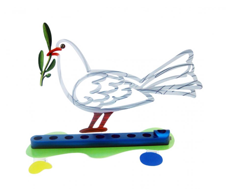 Laser Cut Metal White and Blue Hanukkah Menorah, Peace Dove - David Gerstein