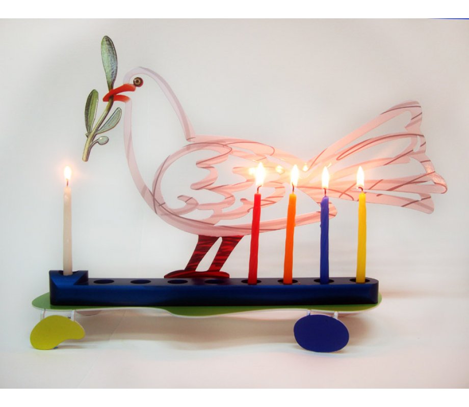 Laser Cut Metal White and Blue Hanukkah Menorah, Peace Dove - David Gerstein