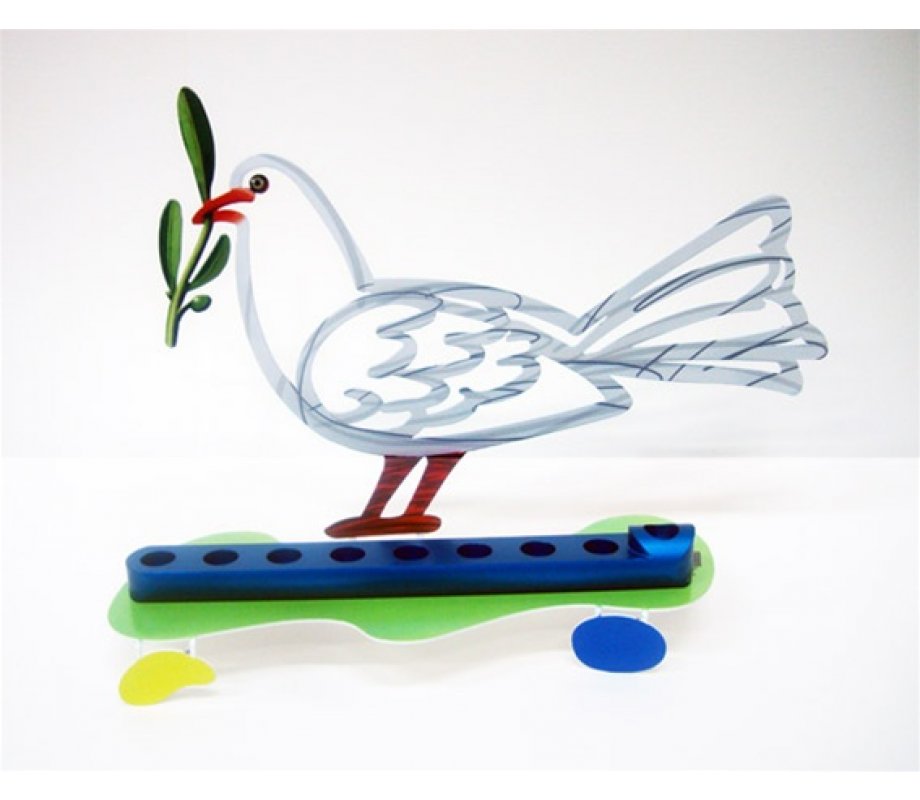Laser Cut Metal White and Blue Hanukkah Menorah, Peace Dove - David Gerstein