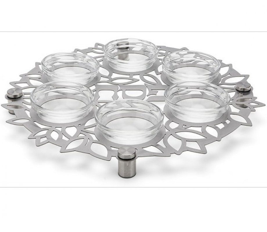Laser Cut Seder Plate with Cutout Flowers and Glass Bowls - Dorit Judaica