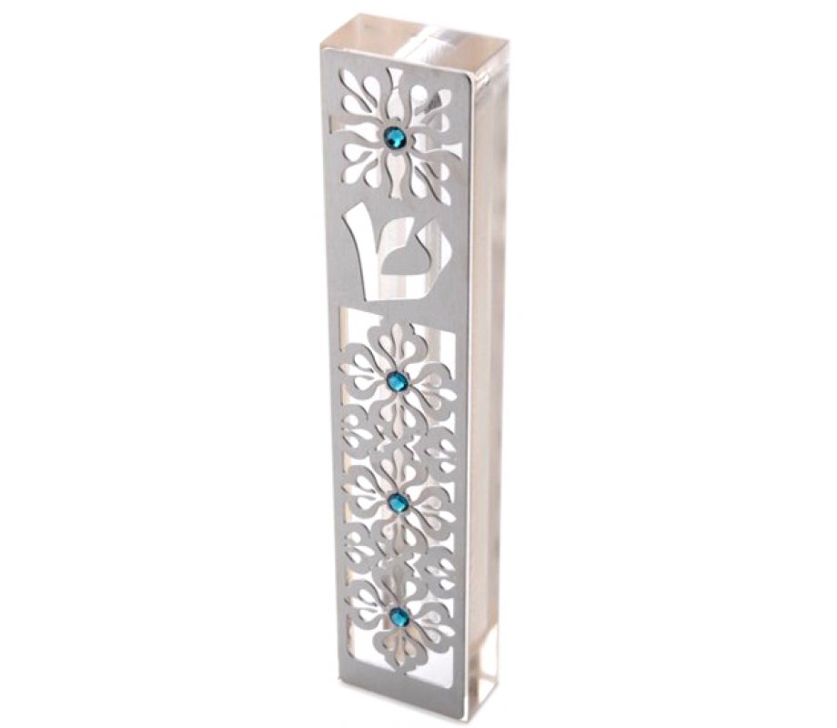 Laser Cut Steel Mezuzah Case Arabesque - Swarovski Stones by Dorit Judaica