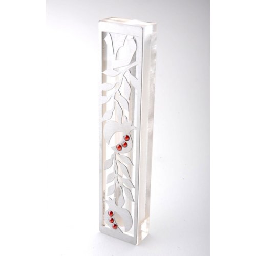 Laser Cut Steel Mezuzah Case Pomegranates - Red Swarovski Stones by Dorit Judaica