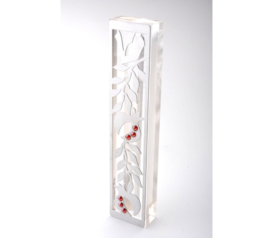 Laser Cut Steel Mezuzah Case Pomegranates - Red Swarovski Stones by Dorit Judaica