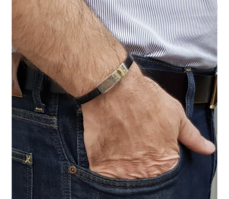 Leather Men Bracelet with Gold Band & Silver Shema Yisrael in Hebrew – Studio Golan