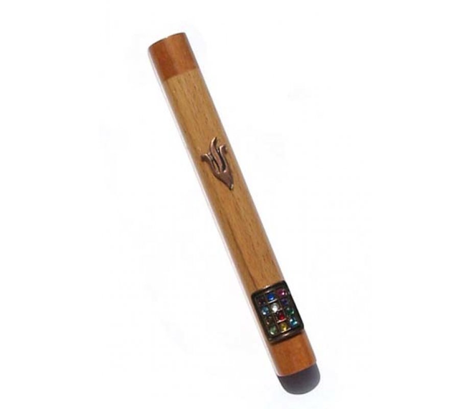 Light Brown Wood Mezuzah Case - Bronze Pewter Shin and Colored Breastplate