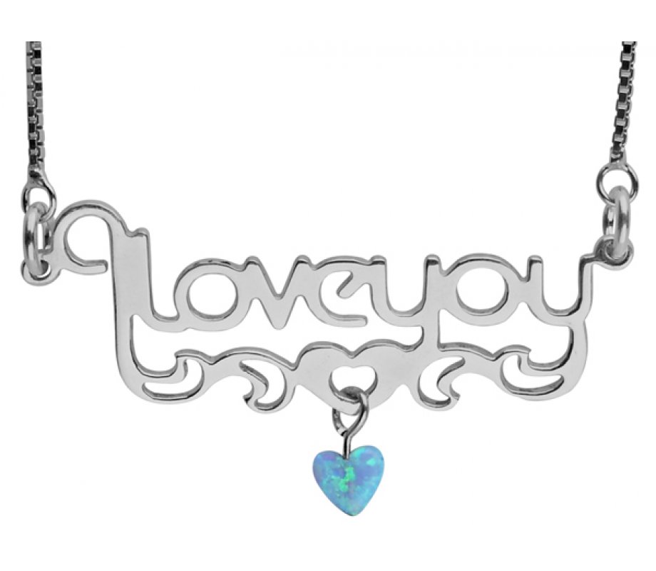 Love You Silver Necklace with Opal Heart