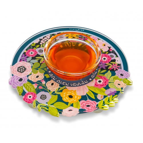 Lucite Honey Dish with Colorful Flowers and Shanah Tovah Umetukah  Dorit Judaica