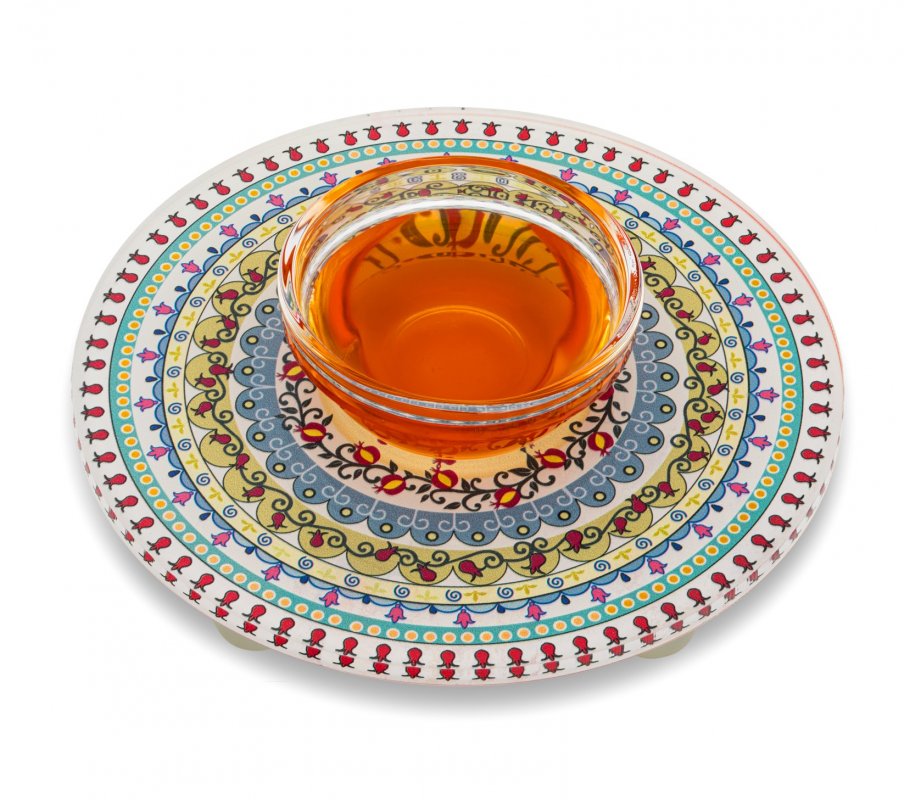 Lucite Honey Dish with Pomegranate Mandala Design - Dorit Judaica
