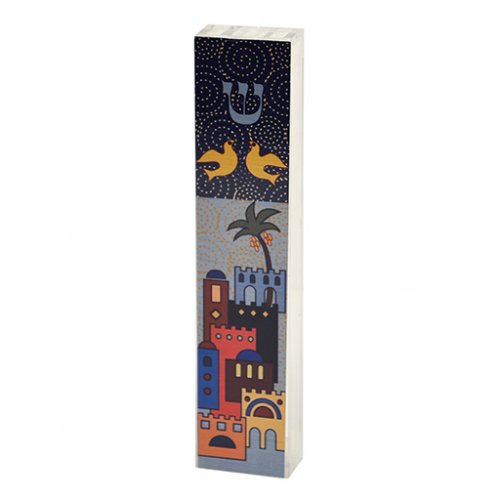 Lucite Mezuzah Case Colorful Aluminum Print - Jerusalem and Doves by Dorit Judaica