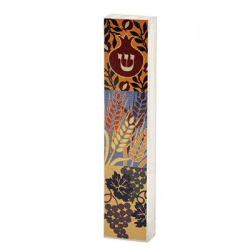 Lucite Mezuzah Case Colorful Aluminum Print, Seven Species - Dorit Judaica