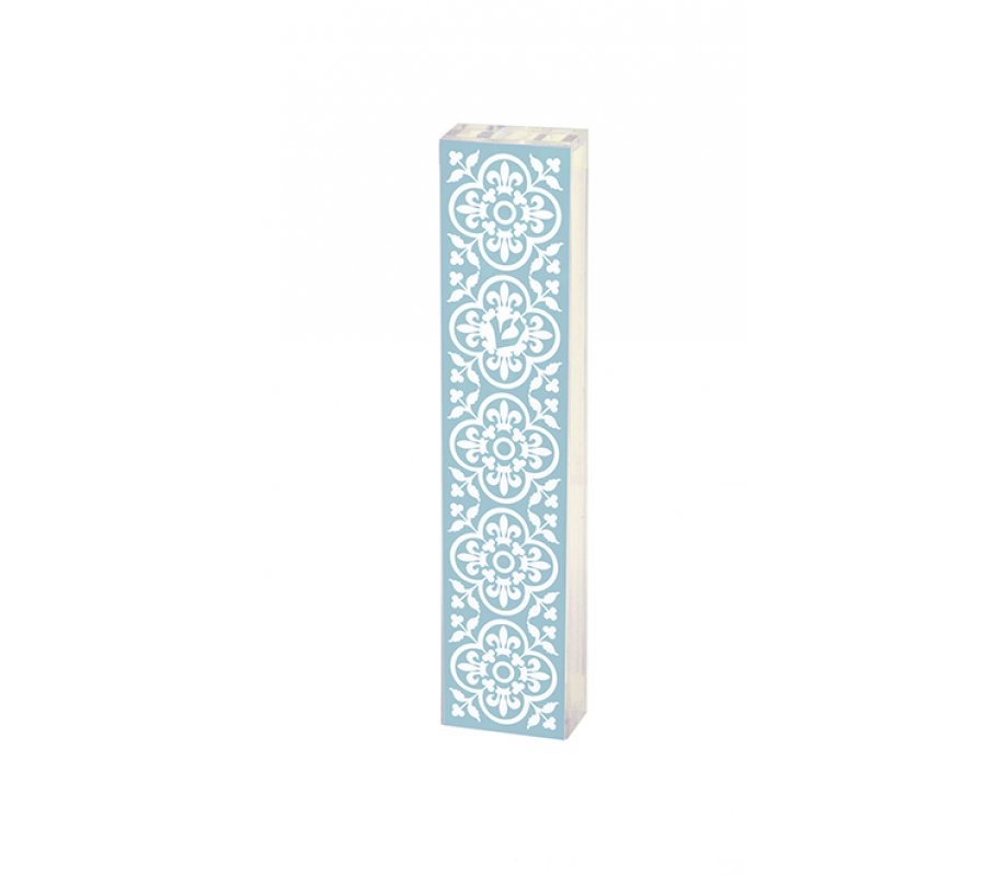 Lucite Mezuzah Case Fleur De Lys in Frame, Blue and White - Dorit Judaica