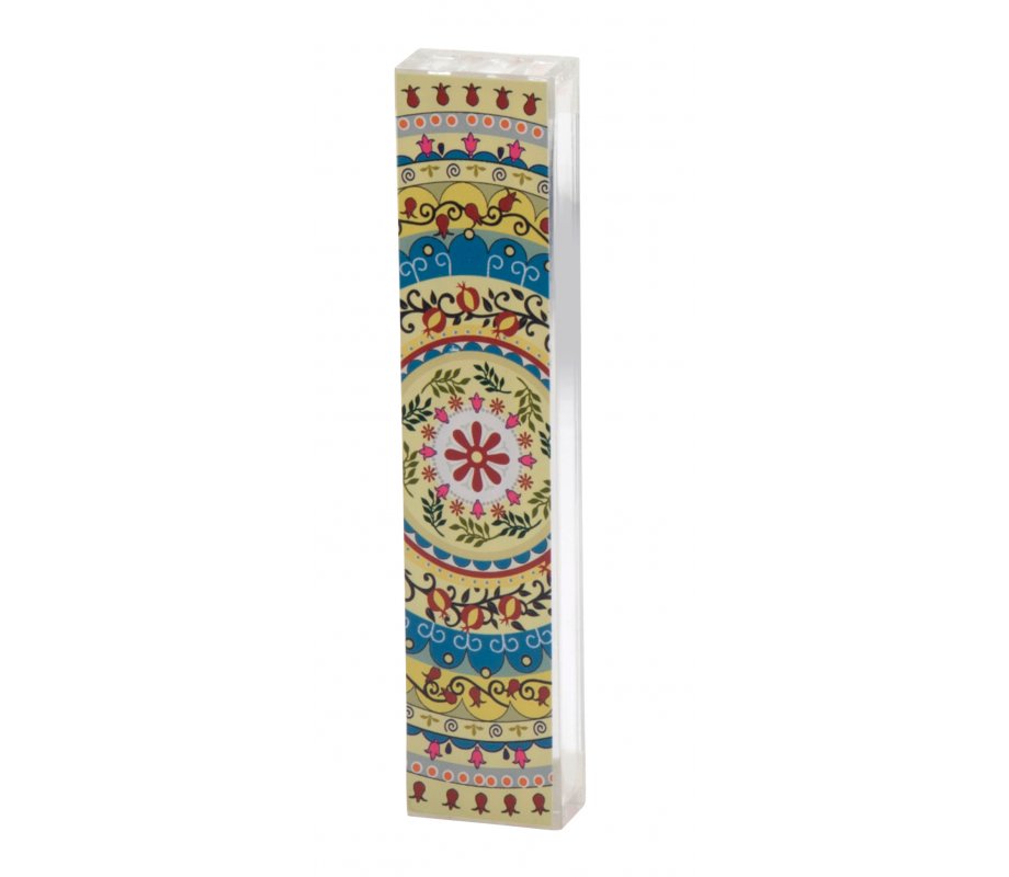 Lucite Mezuzah Case with Colorful Mandala and Pomegranates - Dorit Judaica