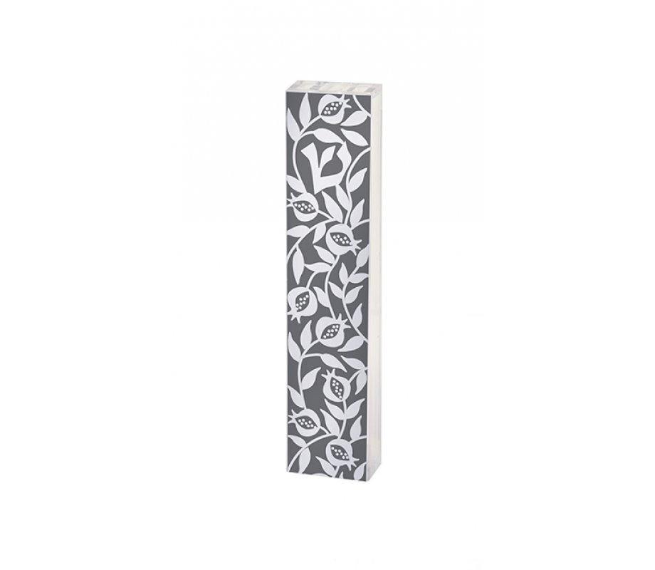 Lucite Mezuzah Case with Pomegranate Design, Gray and White - Dorit Judaica
