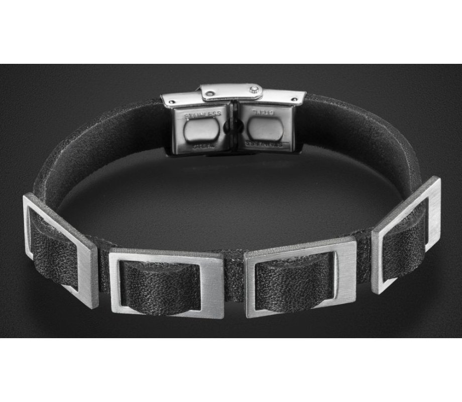 Man's Black Leather Bracelet with Stainless Steel Open Buckle Design - Adi Sidler