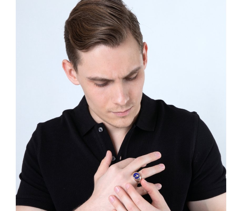 Man's Sterling Silver and Gold Plated Ring – Blue Enamel with Lion of Judah