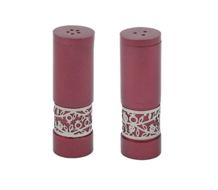 Maroon Aluminum Salt and Pepper Set with Pomegranate Band - Yair Emanuel