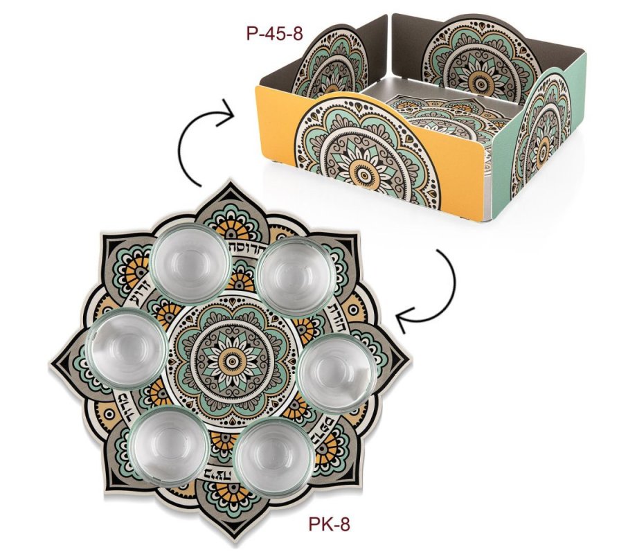 Matching Seder Plate and Matzah Holder, Mustard and Black Mandala - Dorit Judaica