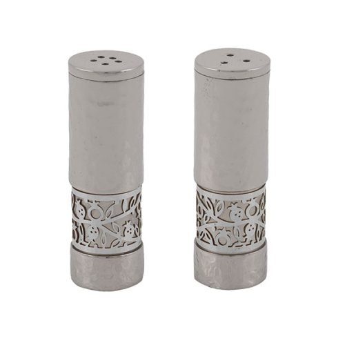 Matt and Hammered Salt and Pepper Shaker with Pomegranate Band, Silver - Yair Emanuel