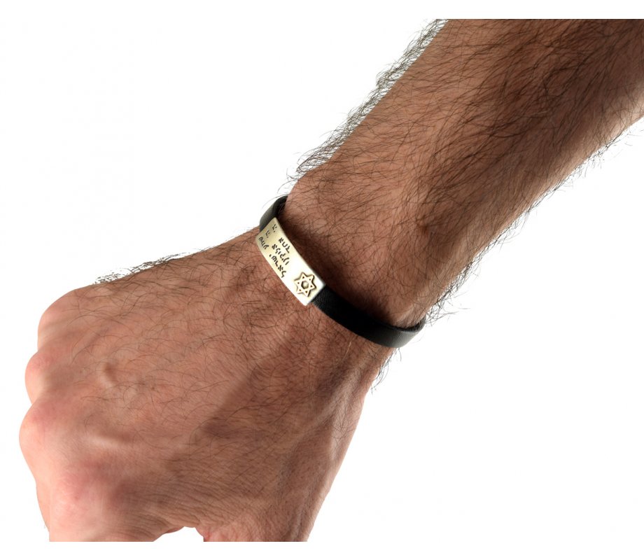 Men Leather Bracelet with Sterling Silver Hebrew Shema Prayer & Gold Star of David - Studio Golan
