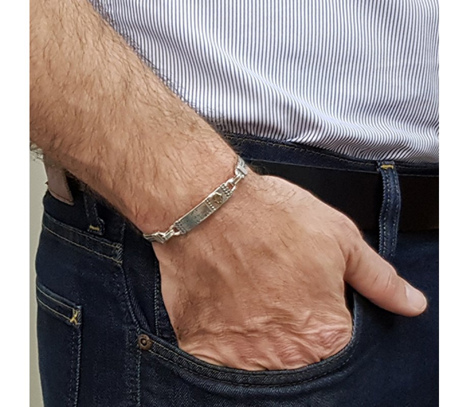 Men Silver Bracelet with Gold Hamsa & Hebrew Ben Porat Yosef Blessing - Studio Golan