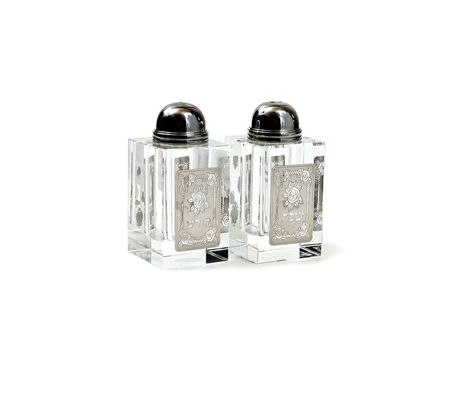 Metal Plate Shabbat Crystal Salt and Pepper Shaker Set