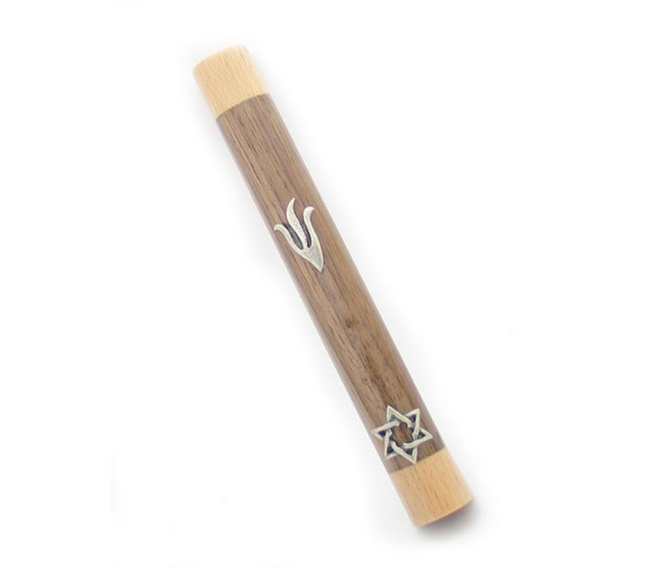 Mezuzah Case in Two Tone Brown Wood with Silver Pewter Shin and Star of David