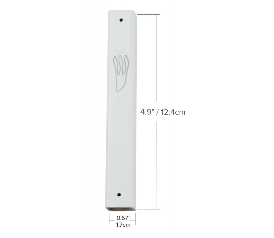 Mezuzah Case of Rounded White Wood with Silver Shin Outline