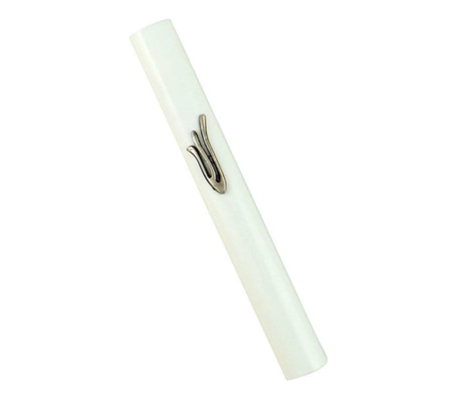 Mezuzah Case of Rounded White Wood with a Silver Pewter Shin in a Flame Image