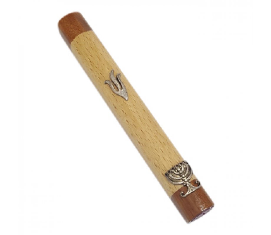 Mezuzah Case of Two Tone Brown Wood with a Bronze Pewter Shin and Menorah Image