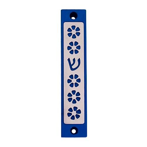 Mezuzah Case with Five Flowers and Shin in Dark Colors, 4 Inches Height - Agayof