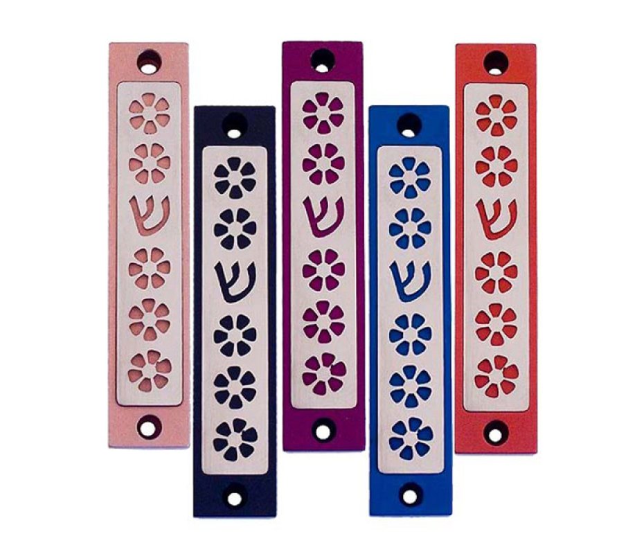 Mezuzah Case with Five Flowers and Shin in Dark Colors, 4 Inches Height - Agayof
