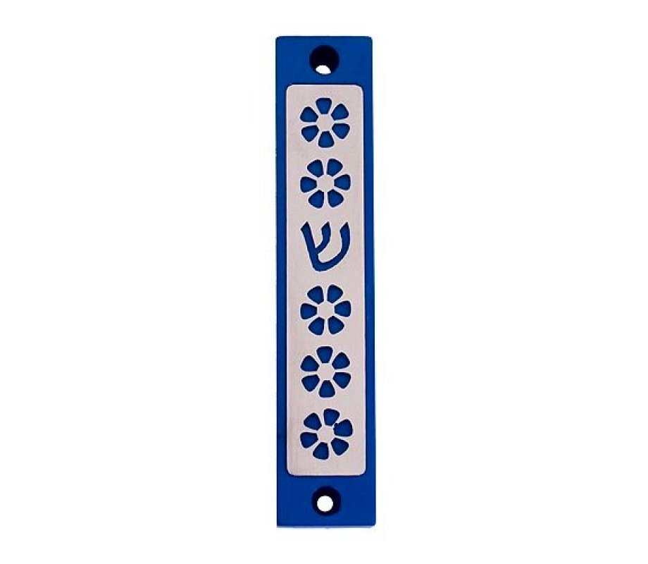 Mezuzah Case with Five Flowers and Shin in Dark Colors, 4 Inches Height - Agayof