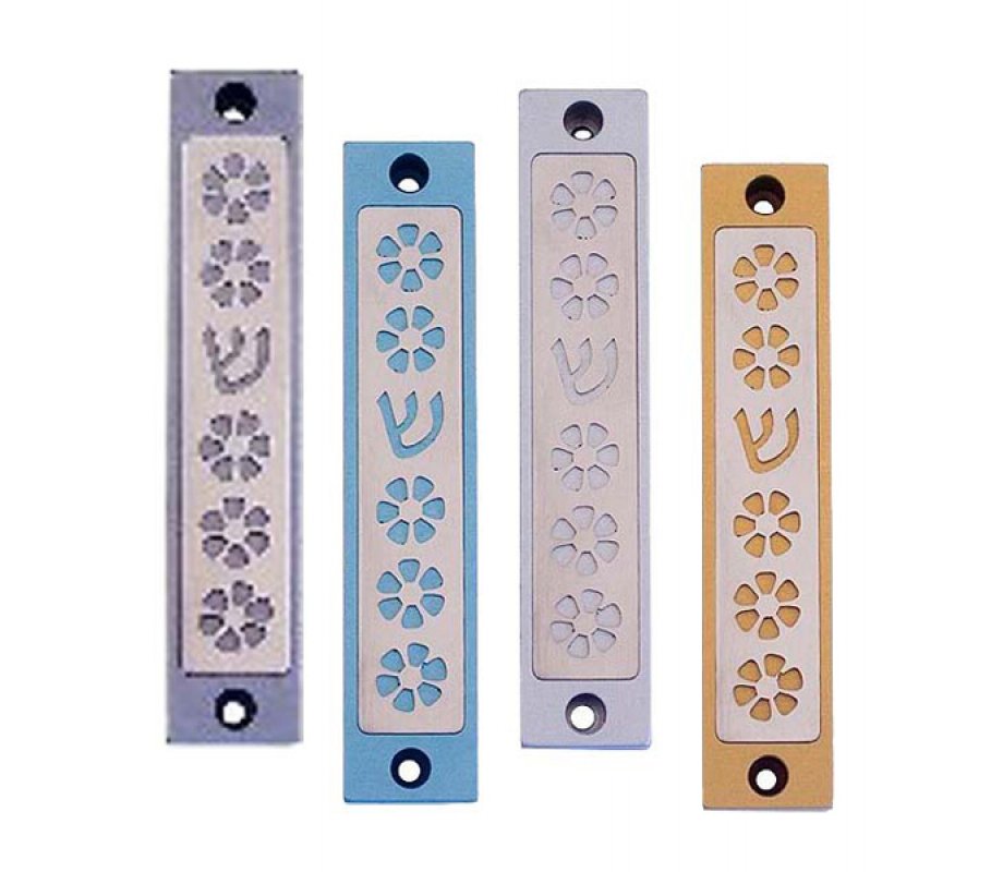 Mezuzah Case with Five Flowers and Shin in Light Colors, 4 Inches Height - Agayof