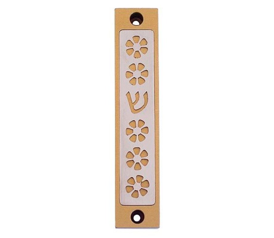 Mezuzah Case with Five Flowers and Shin in Light Colors, 4 Inches Height - Agayof