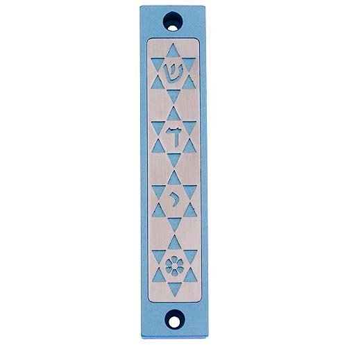 Mezuzah Case with Four Stars of David, in Light Colors at 4 Inches Height - Agayof