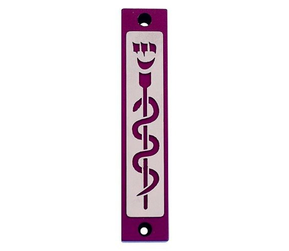 Mezuzah Case with Healing Snake Image in Dark Colors at 4 Inches Height - Agayof