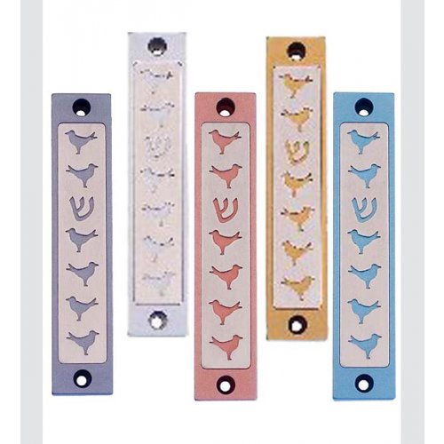 Mezuzah Case with Six Doves and Shin, In Light Colors, 4 Inches Height - Agayof