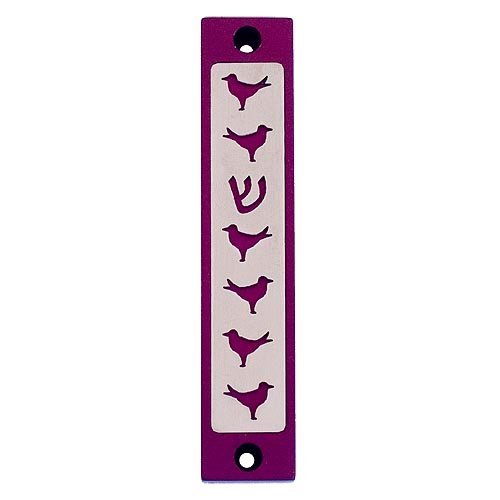 Mezuzah Case with Six Doves and Shin in Dark Colors, 4 Inches Height - Agayof