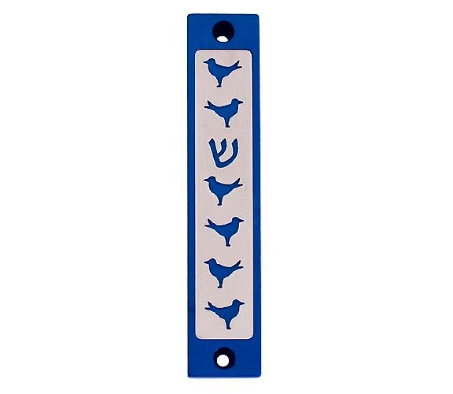 Mezuzah Case with Six Doves and Shin in Dark Colors, 4 Inches Height - Agayof